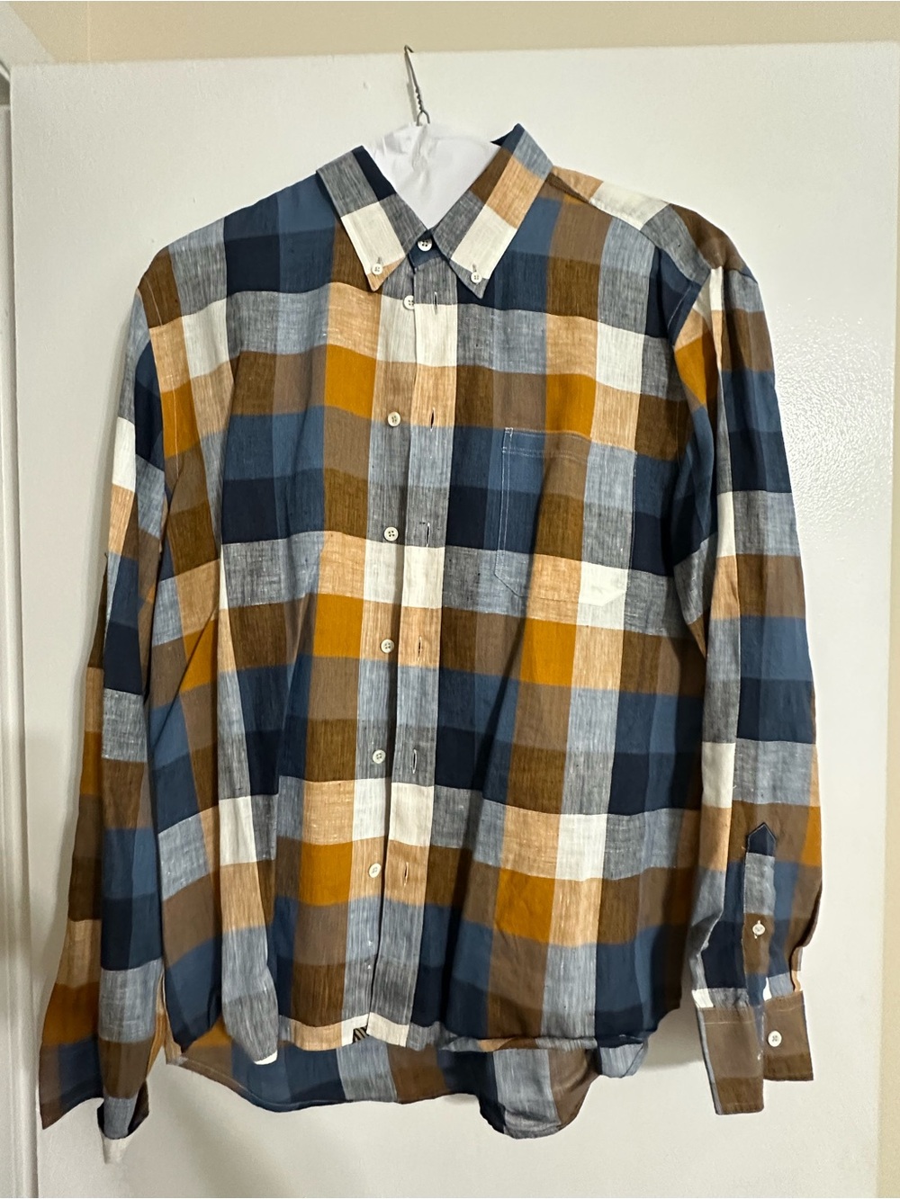 Billy Reid Plaid Button-Down Shirt in Blue, Mustard/burnt orange & Brown